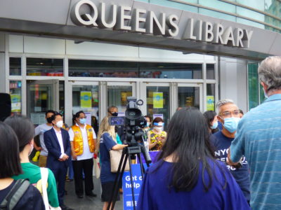 NYC Census 2020 holds a rally outside the Flushing Library, with elected officials and community-based nonprofits.  Deputy Director, Amit Singh Bagga, is seen being interviewed here, talking about the dire importance of the 2020 Census to our communities in terms of funding and representation. Photo courtesy Varsha Mathrani