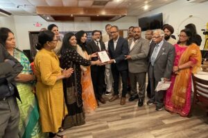 NCAIA members presenting a plaque to Ambassador Dalela at the farewell reception on July 25, 2022, in Chantilly, Virginia. PHOTO: T. Vishnudatta Jayaraman, News India Times