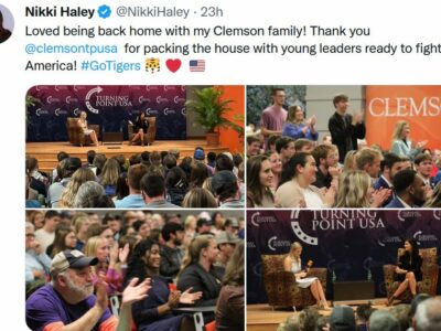 Ambassador Nikki R. Haley addressing Clemson University students Nov. 29, 2022. Photo: Twitter @NikkiHaley