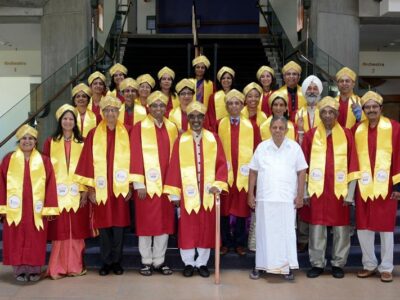 June 2022 graduating class of Vivekananda Yoga University’s (Los Angeles, CA) M.S. (Yoga) degree program with Prof. Dr. H.R. Nagendra (in white), VaYU President Prof. Sree N Sreenath (fourth from right in the second row), and VaYU Research Director Prof. Manjunath Sharma (fifth from left on the first row), VaYU Founding Trustee and Chairman Babulal Gandhi (second from right in the first row), and VaYU Provost Dr. Srinivasa Reddy (first from right in the first row). Photo courtesy Vivekananda Yoga University, California.
