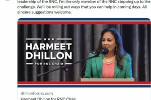 California attorney Harmeet Dhillon vying for leadership of RNC. Photo Twitter @pnjaban