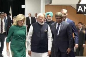 First Lady Jill Biden with PM Modi June 21, 2023, upon his arrival for the State Visit to Washington. Also seen in photo Indian Ambassador Taranjit Singh Sandhu and US Ambassador to India Eric Garcetti. PHOTO: Twitter @ANI