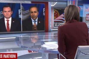 Reps. Raja Krishnamoorthi and Mike Gallagher on Face the Nation discussing Xi-Biden meeting fallout. PHOTO videograb Twitter @CongressmanRaja