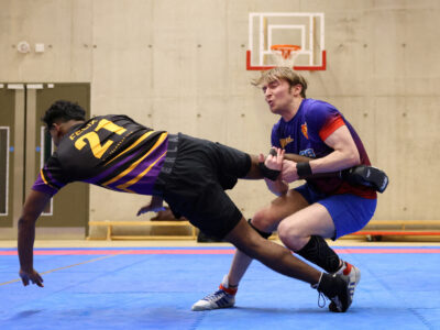George Wellington tackles a player during a Kabaddi match at the London School of Economics, in London, Britain, March 24, 2024. REUTERS/Hollie Adams