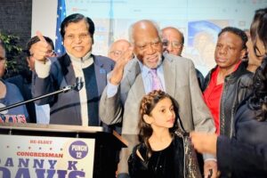 Dr. Vijay Prabhakar congratulates Congressman Danny Davis on winning the primary election on March 19, 2024, in Chicago, Illinois. PHOTO: AMEC-USA