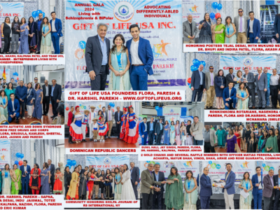 Founders Paresh, Flora and Dr. Harshil Parekh greet honorees, community leaders, supporters of causes of differently-abled people, at 9th Annual Gala. PHOTO: Collage provided by Gift of Life