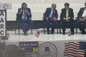 From left, Sanjiv Pandya, emcee, Sridhar Chillara, Dr. Sudhir Parikh, and Hemant Shah, leading Indian American Republicans at the April 8, 2024, meeting held in support of a Trump candidacy, held in ITV Gold auditorium in Edison, NJ. PHOTO: ITV Gold