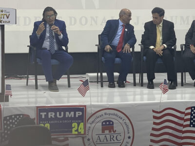 From left, Sanjiv Pandya, emcee, Sridhar Chillara, Dr. Sudhir Parikh, and Hemant Shah, leading Indian American Republicans at the April 8, 2024, meeting held in support of a Trump candidacy, held in ITV Gold auditorium in Edison, NJ. PHOTO: ITV Gold