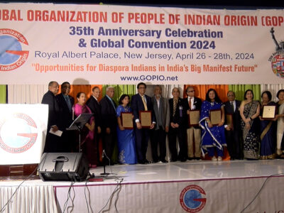 Several awardees and honorees with the leaders of GOPIO on stage during the Convention held April 26-28, 2024, in New Jersey. PHOTO: Sachin Ravindran, ITV Gold
