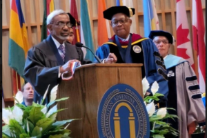Elisha Pulivarti speaking after being awarded with the President’s Excellence in Gateway to Service Award during the Washington Adventist University's Annual Commencement Service on May 5, 2024, at Takoma Park in Maryland. PHOTO: Elisha Pulivarti